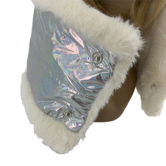 DKNY Logo Detached Puffer Hood Iridescent Metallic Shell + Faux Fur Lined Hat - Picture 8 of 15